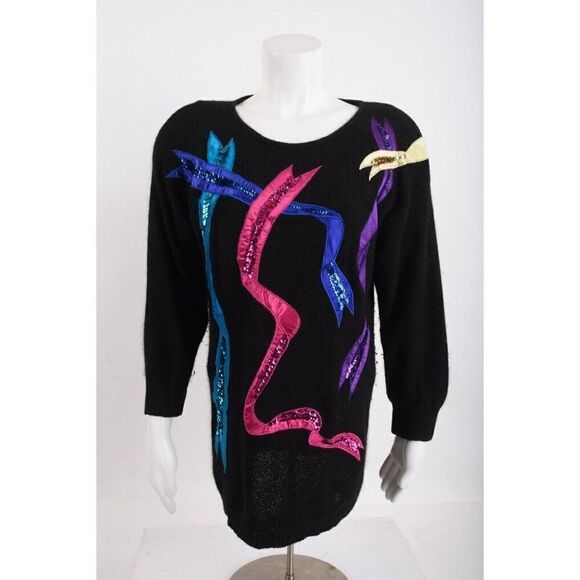 Le Chois Vintage Womens 80s Ribbon Sequin Sweater M Black Pullover Silk Angora - Picture 1 of 6